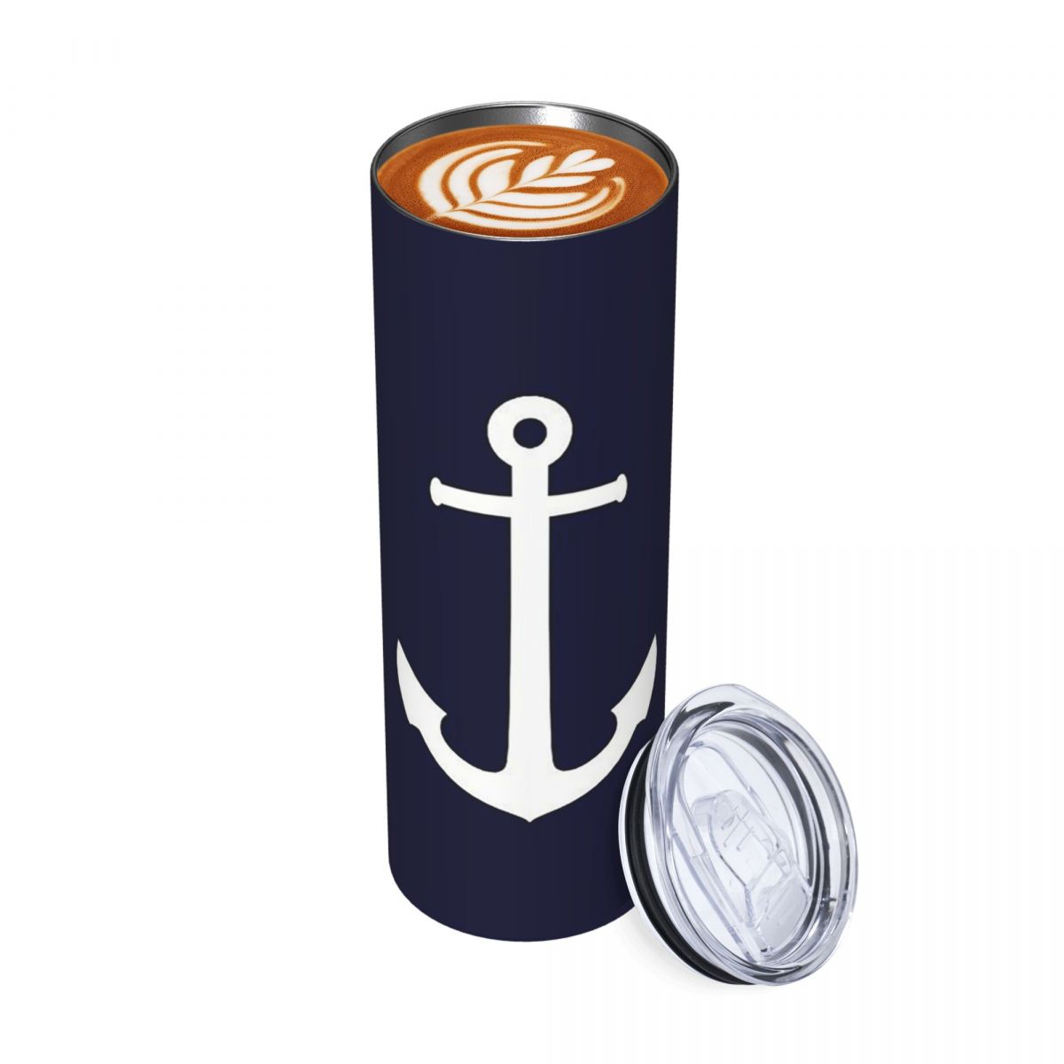 Tumbler 20Oz White - ホワイトアンカー柄ネイビーブルーのステンレススチール製タンブラー、真空断熱マグ、保温保冷ボトル、ストローと蓋付き、20オンス