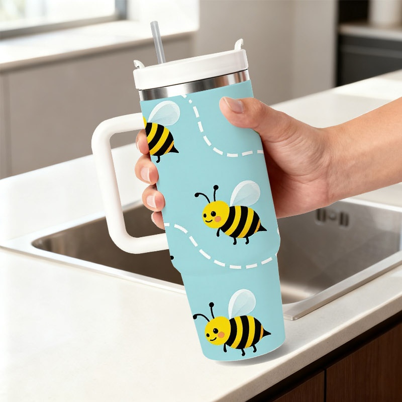 遊び心のある漫画のミツバチと白い花柄の40オンスステンレス製 - Sublimation Mug White のレビューと価格