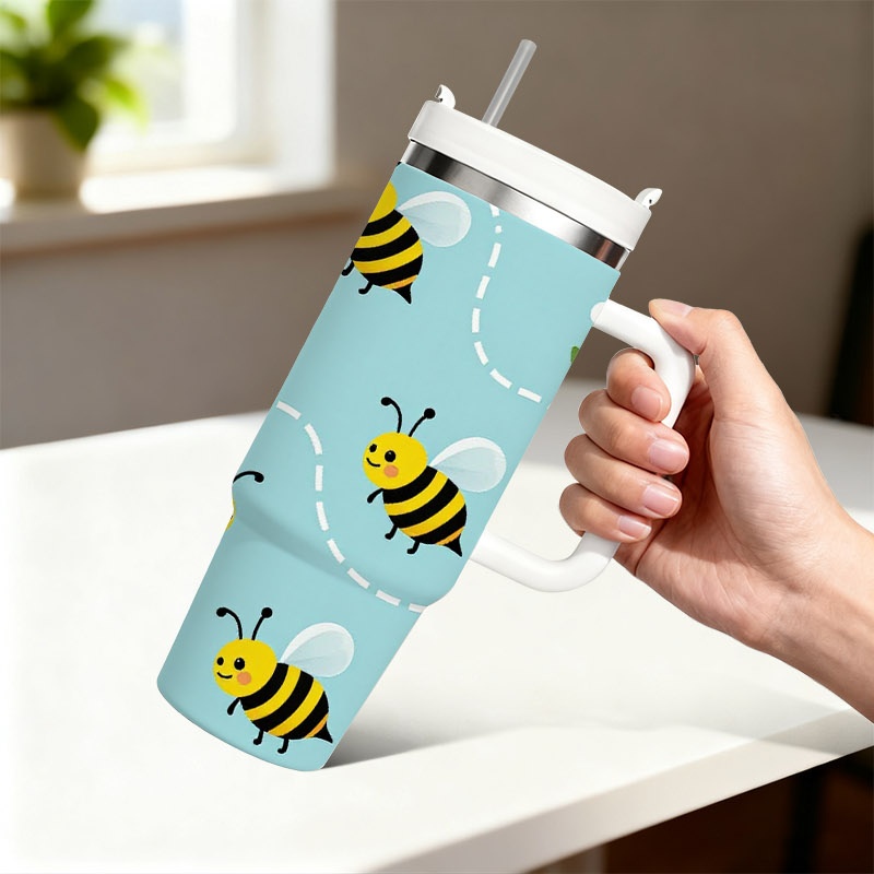 遊び心のある漫画のミツバチと白い花柄の40オンスステンレス製 - Sublimation Mug White のレビューと価格